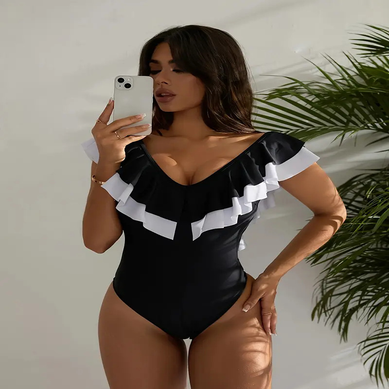 Women Color Block Ruffle One Piece Swimsuit - V Neck Backless Bathing Suit